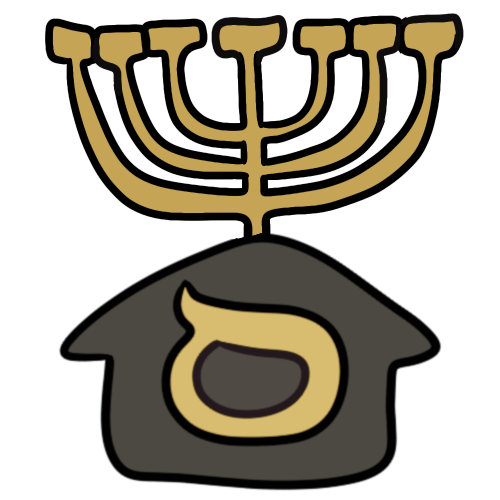 a gold temple menorah above a gray house with a yellow Hebrew letter samech on it.